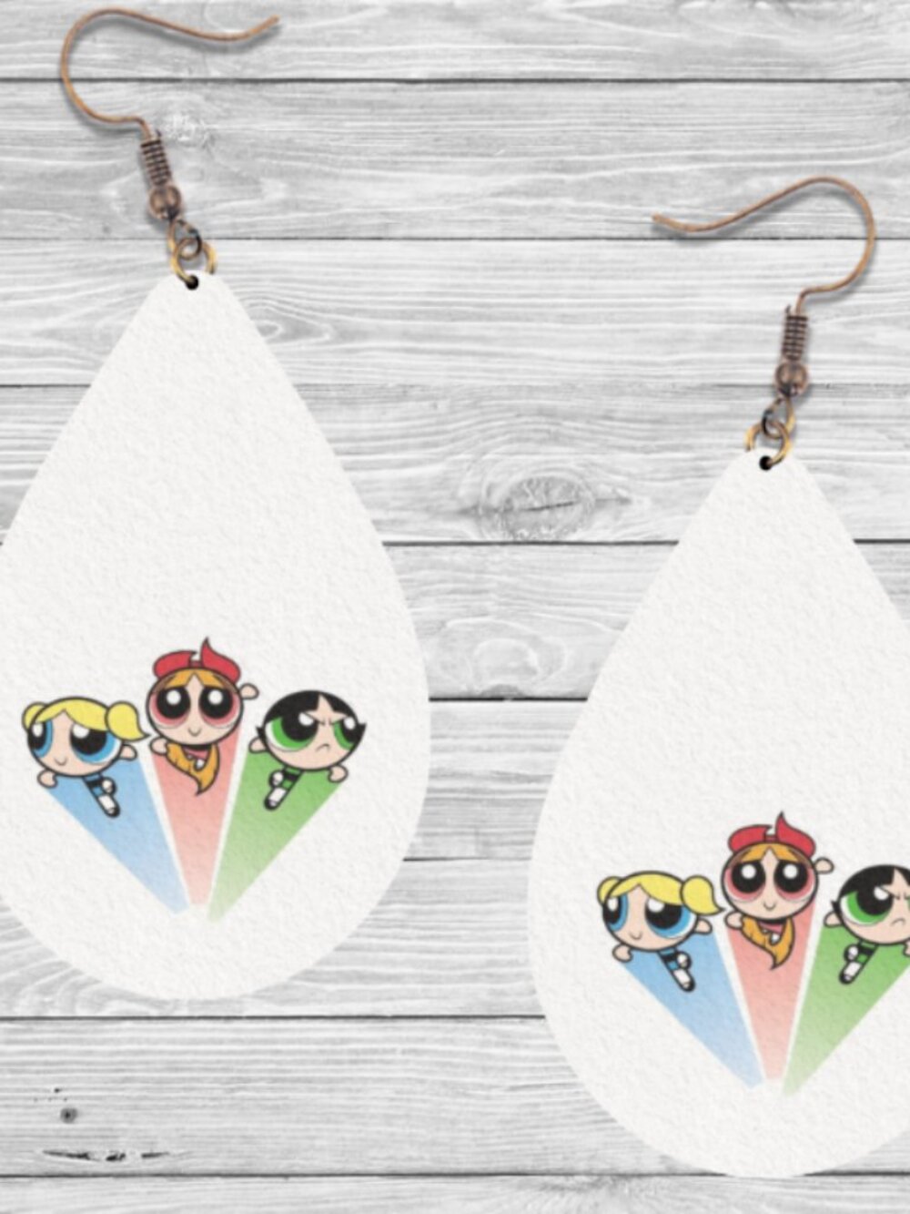 Powerpuff Girls Earrings: 90's Cartoon Wooden Teardrop Hypoallergenic Earrings